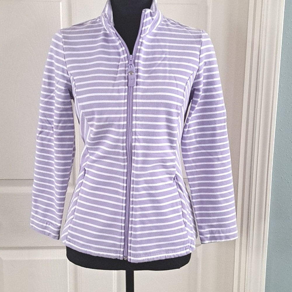 Appleseeds Petite Small Zip Lightweight Jacket Athletic Lavender Striped Cotton
